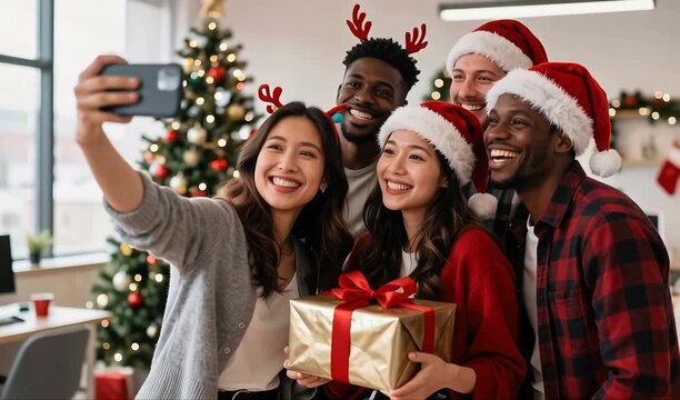 Festive group selfie moment with Christmas outfits, cheerful smiles, holiday decorations glow, gift celebration, indoor party atmosphere, vibrant colors, joyful energy 49 keywords; 4K HD