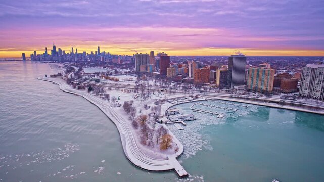 Cinematic drone flyover of Chicago&rsquo;s Loop in the soft light of a winter dawn.