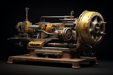 Fototapeta premium Vintage metalworking machinery with intricate gears and components stands against a dark backdrop, showcasing industrial heritage