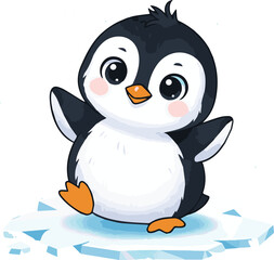 Obraz premium A cute cartoon penguin standing on melting ice floes in a polar region.