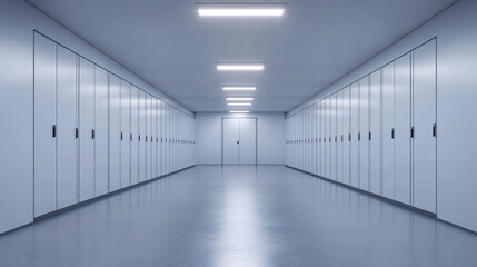 Fototapeta premium White minimal corridor with clean lines and symmetry, modern architecture, sterile environment and future concept.