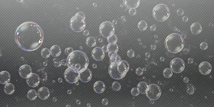 Collection of realistic transparent soap bubbles floating with iridescent rainbow reflections on dark background vector illustration