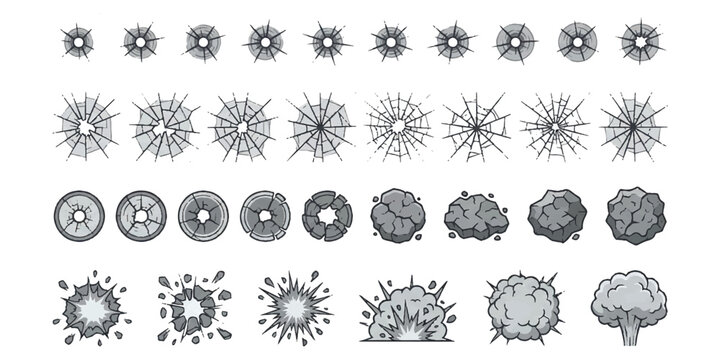 Collection of bullet hole glass cracks stone debris and smoke explosion visual effect symbols vector illustration