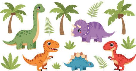 Set of Cute Cartoon Dinosaurs Including T-Rex, Triceratops, Brachiosaurus, and Stegosaurus with Palm Trees and Plants © Rownok