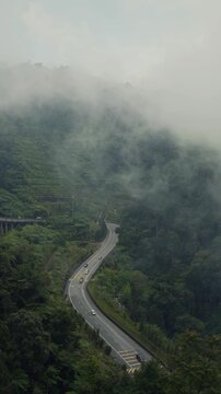 Cars driving down the foggy road from Genting Highlands, Malaysia, surrounded by green tropical vegetation. Static vertical shot.
