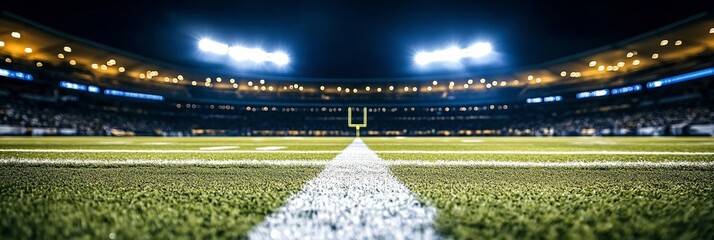 Stunning Night View of an Illuminated American Football Field with Bright Lights and Empty Stands