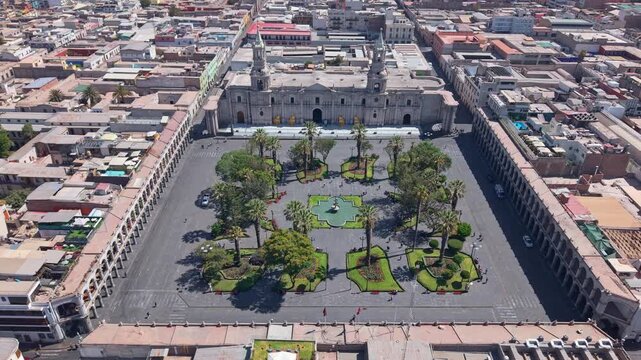 Aerial view of Arequipa's Plaza de Armas with white sillar architecture
