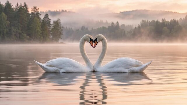 Two swans forming a heart shape on a misty lake at sunrise, romantic nature scene and wildlife bonding for wedding or valentine concept