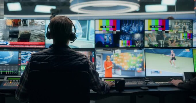 BackstageStation Production Control Room During Live Filming, Where Operators Monitor Multiview Screens, Switch Politics, Economy, Entertainment Segments, Cue Graphics, Channel Streaming.