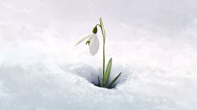 Snowdrop flower with resilient mood emerging from snow against soft winter background with copy space