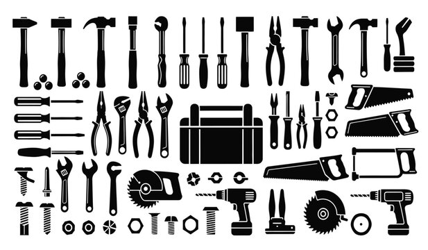 Silhouette of various tools and equipment in a toolbox silhouette