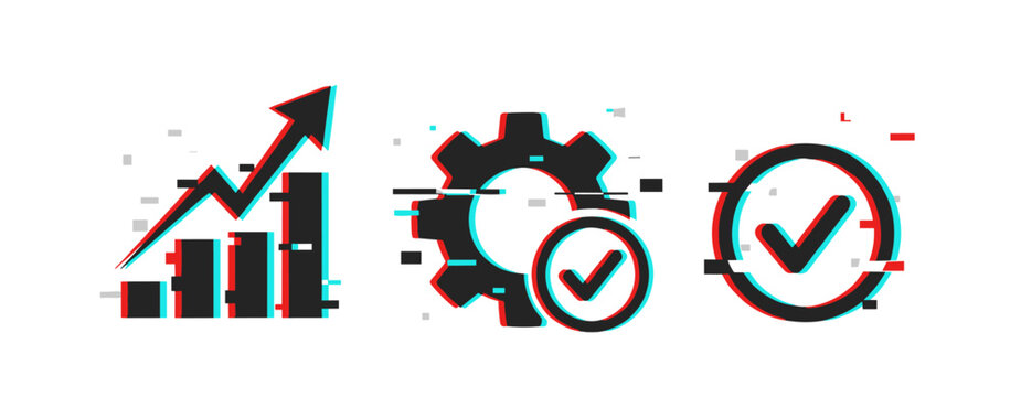 Growth and quality assurance icons indicating progress on white background. Glitch effect