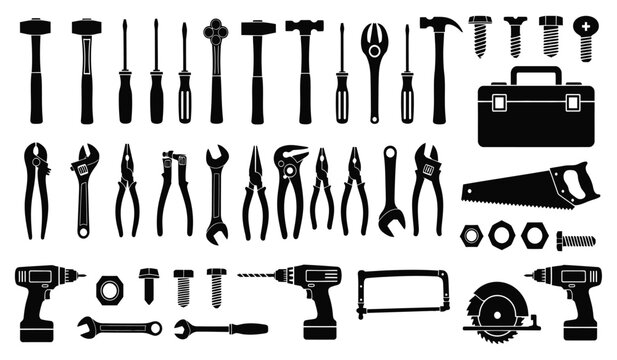 Silhouette of various tools and equipment for construction and repair work in a toolbox