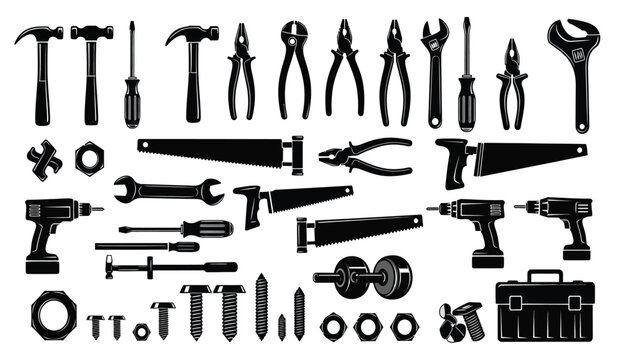 Silhouette of various tools and equipment in black on a white background showcasing a collection of hardware and machinery silhouette