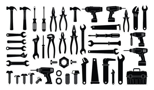Silhouette of various hand tools and equipment on a white background