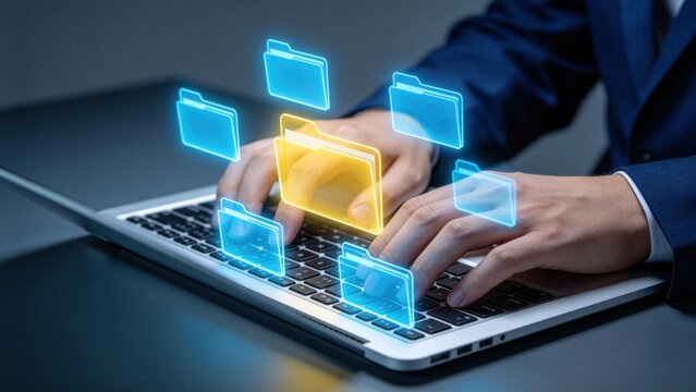 Businessman typing on laptop with virtual file folders,cloud data storage management and digital document organization concept