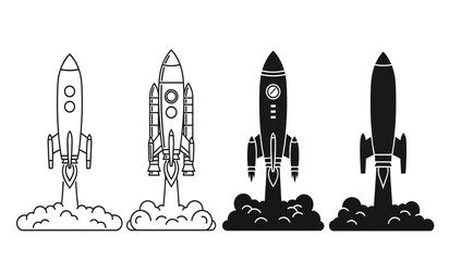 Four rocket silhouettes blasting off into space with smoke and flames silhouette © Thysl2000