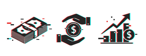 Fototapeta premium Dynamic financial growth: money icons and trends in glitch art style