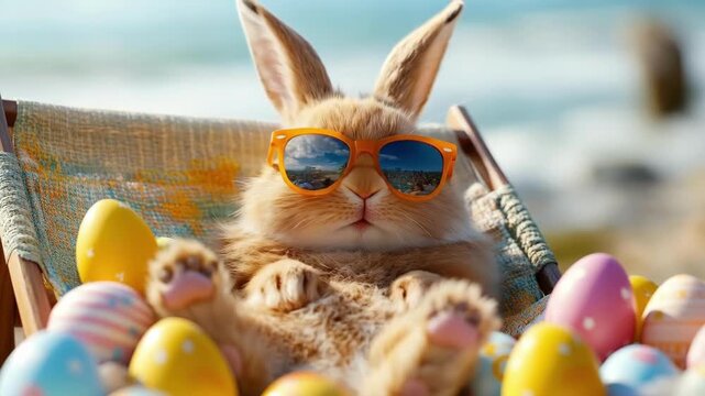 Cute bunny relaxing on beach with sunglasses and colorful easter eggs. Happy Easter