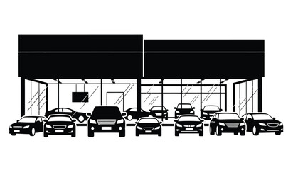 Fototapeta premium Silhouette of a modern car dealership with multiple vehicles on display inside a sleek building