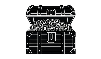 A silhouette of an open treasure chest filled with gold coins and jewels © Thysl2000