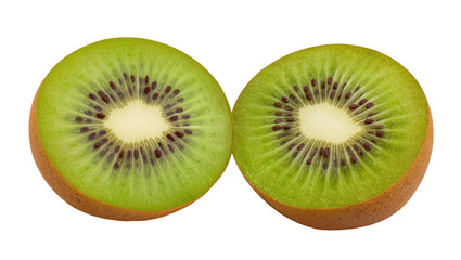 Fototapeta premium Two fresh, vibrant green kiwi fruit halves, cut to reveal juicy flesh and tiny black seeds, isolated PNG on transparent background, delicious healthy snack