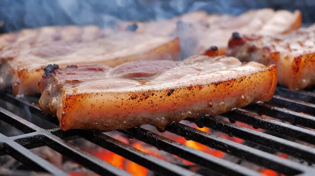 Close-up of grilled pork chops on a barbecue grill with flames and smoke.