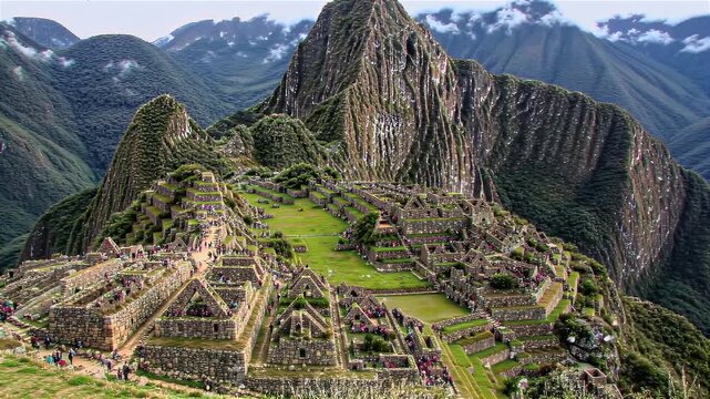 Breathtaking panoramic view of Machu Picchu, the ancient Inca citadel nestled in the Peruvian Andes mountains.