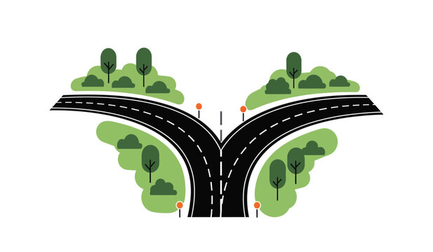 A silhouette of a forked road with trees on both sides forming a y intersection silhouette