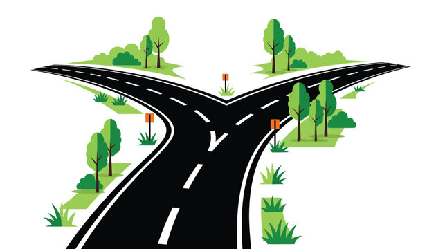 A fork in the road with a silhouette of a person standing at the crossroads of two highways