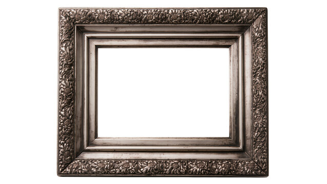 Ornate antique silver and bronze distressed picture frame with intricate floral carvings, empty and isolated PNG on transparent background