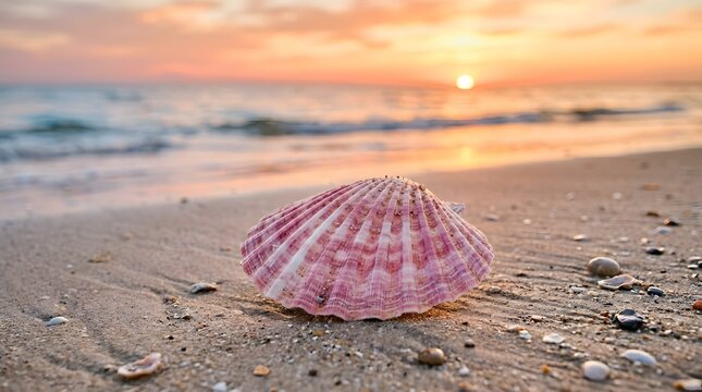 Pink seashell on sandy beach at sunset with ocean waves