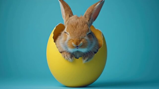Adorable bunny emerging from yellow egg on blue background. Easter, Pascha, Paskha, Ostern, Pascua, Paques - Orthodox and Catholic Holiday celebration