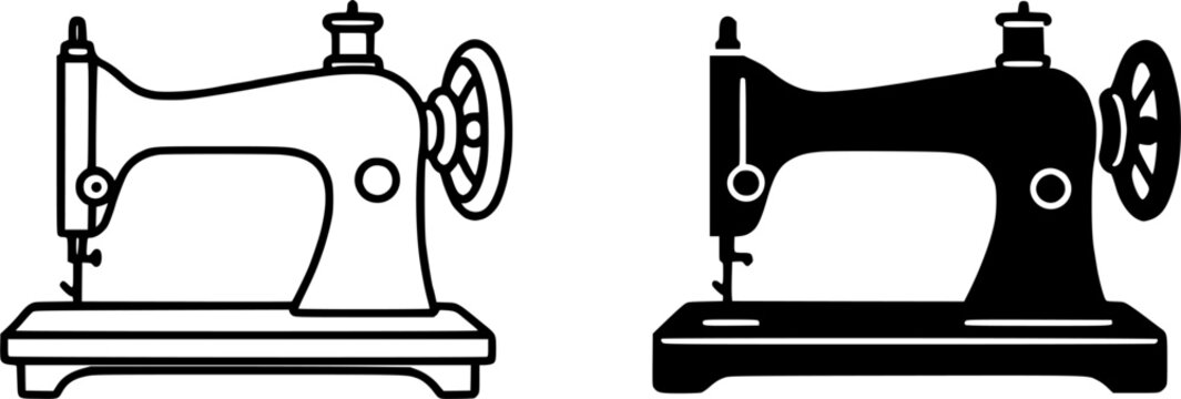 Sewing machine illustration icon, in outline and silhouette design