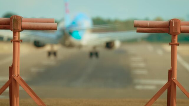 Aircraft landing on runway with smoke from wheels behind glide path masts during clear weather. Passenger plane touching down on landing strip with strong friction smoke visible under bright sky