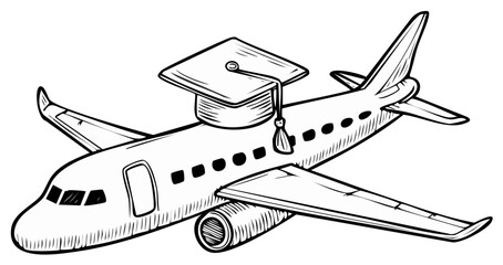 Fototapeta premium Airplane Topped with Graduation Cap Line Art Symbolizing Travel Education