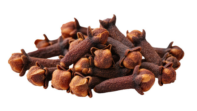 Aromatic dried cloves, a pile of brown spice buds for cooking and baking, perfectly isolated PNG on transparent background