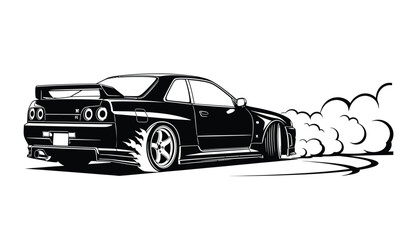 Silhouette of a sleek sports car performing a drift smoke trailing behind the vehicle on a white background © Thysl2000