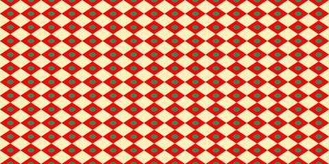 Seamless geometric harlequin pattern with red and cream diamonds. Small green floral ornaments are centered within each red shape, creating a vintage festive or traditional textile aesthetic. © Mr. Han Han