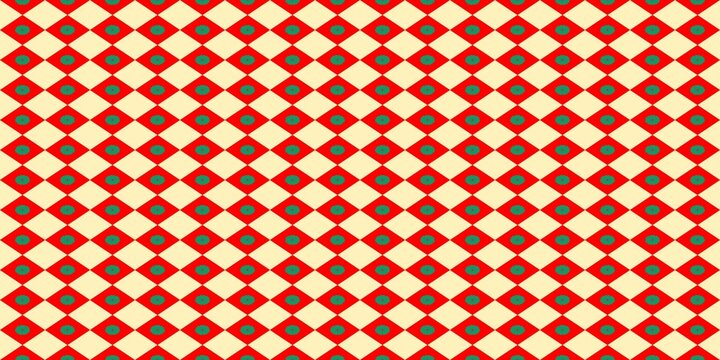 Seamless geometric harlequin pattern with red and cream diamonds. Small green floral ornaments are centered within each red shape, creating a vintage festive or traditional textile aesthetic.