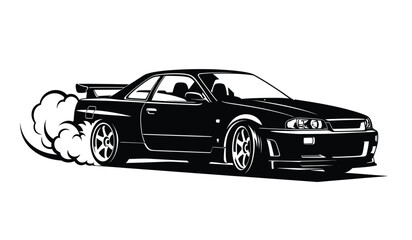 Silhouette of a sleek black sports car with smoke from tires speeding fast on a track or road course silhouette © Thysl2000