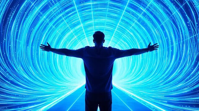 Silhouette of person with arms outstretched in blue light tunnel
