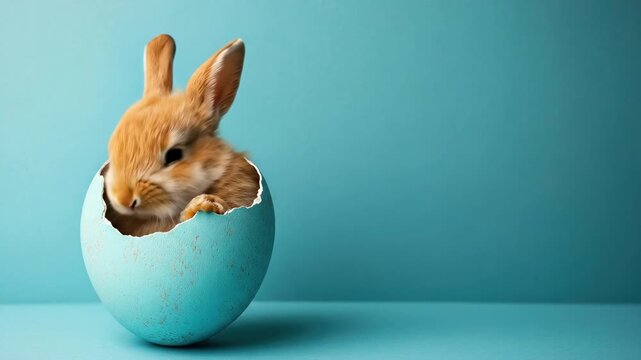 Adorable baby bunny emerging from blue eggshell on turquoise background. Easter, Pascha, Paskha, Ostern, Pascua, Paques - Orthodox and Catholic Holiday celebration