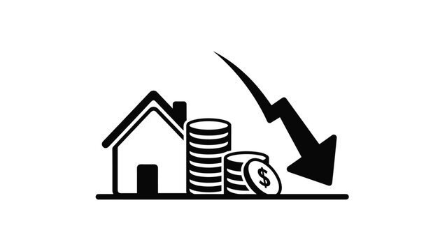 Black and white icon of a house and coin stacks with a sharp downward arrow indicating a drop in property market value.