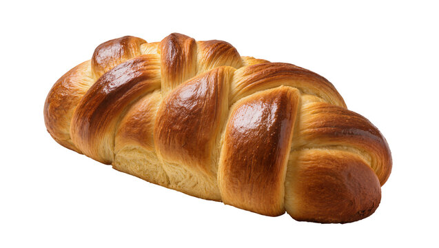 Golden braided challah bread, freshly baked with a glossy crust, a traditional sweet loaf isolated PNG for bakery designs