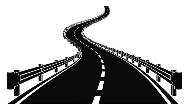 Silhouette of a winding road on a bridge with guardrails