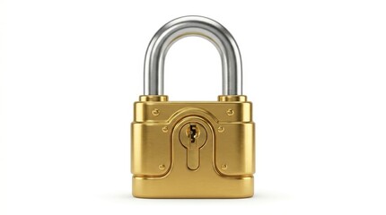 Fototapeta premium A shiny golden padlock with a silver shackle is presented in a close-up studio shot against a clean white background, symbolizing security and protection.