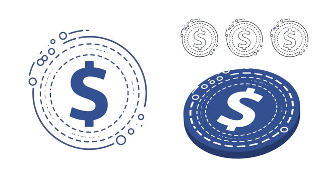 Dollar currency coin icons in various artistic styles including isometric 3D blue design and line art circle symbols.