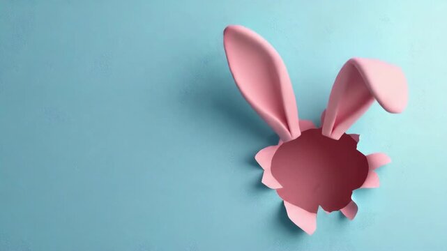 Pink bunny ears emerging from torn blue paper background. Easter, Pascha, Paskha, Ostern, Pascua, Paques - Orthodox and Catholic Holiday celebration