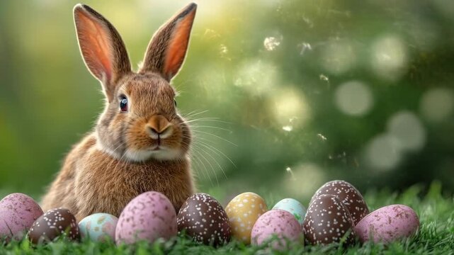 Adorable bunny with colorful easter eggs on grass. Easter, Pascha, Paskha, Ostern, Pascua, Paques - Orthodox and Catholic Holiday celebration